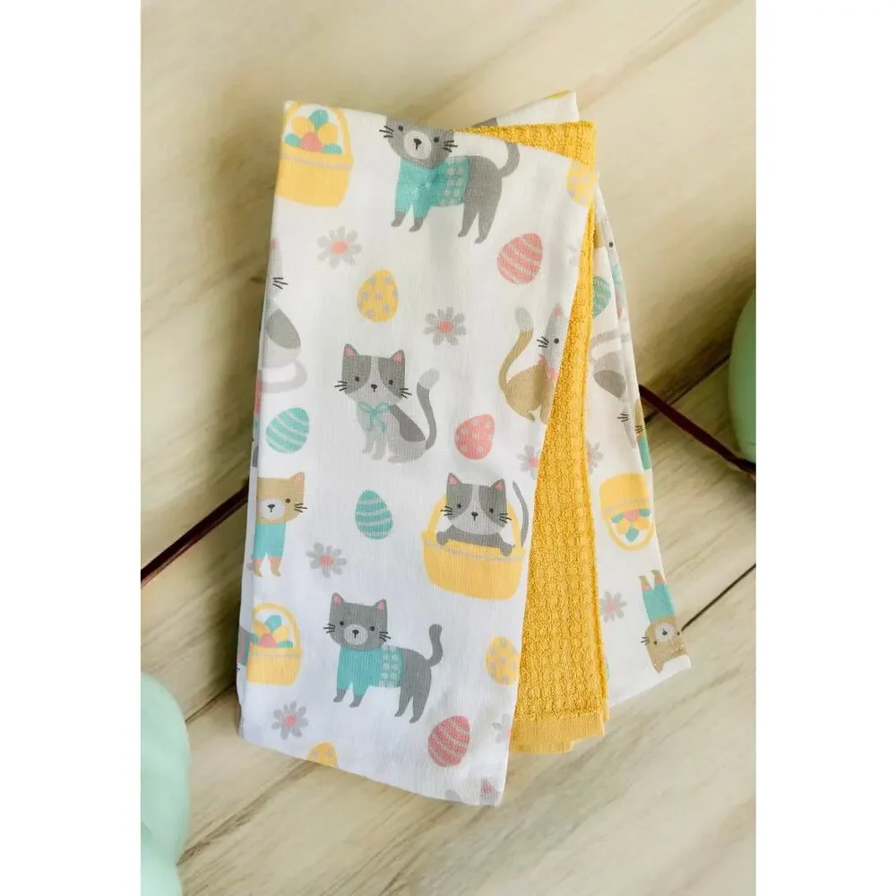 NWT Yellow Spring Easter Cats in Baskets Eggs Kittens 3 piece Kitchen Towel Set